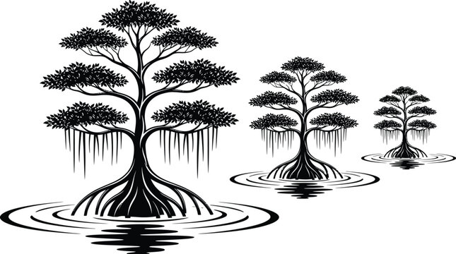 Mangrove trees with sprawling roots standing in water swamp or wetland landscape vector illustration tree roots water reflec