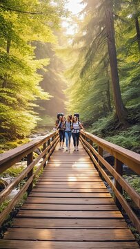 Three Young Women Hiking Across Wooden Bridge in Lush Forest, Golden Hour Sunlight and Backpacks Reflect Adventure and Friendship