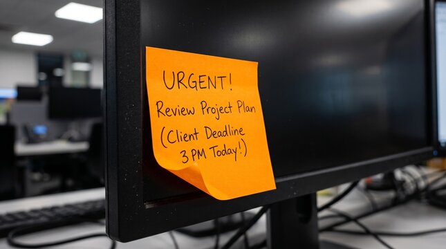Urgent client deadline reminder on orange sticky note on office monitor.