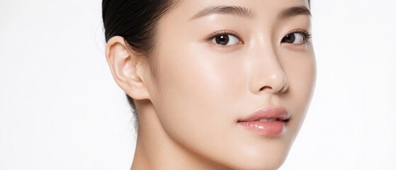 Fototapeta premium close up beauty portrait of a young asian woman with smooth glowing skin, natural makeup and glossy lips against a clean white studio background