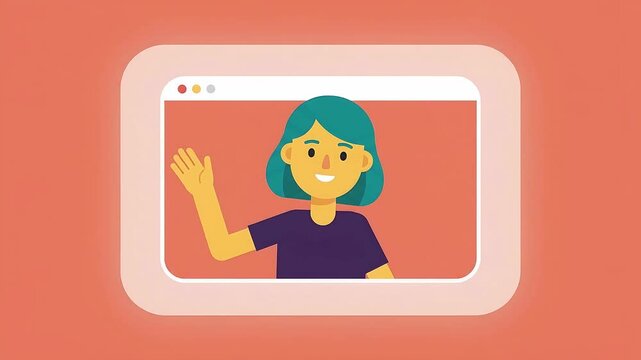 Animated Woman Waving from Browser Window for Video Call or Online Communication