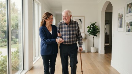 Fototapeta premium Smiling adult daughter walking through a bright modern hallway with her elderly father who uses a wooden cane for support during their happy afternoon visit inside a contemporary family home.
