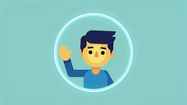 Animated Young Man Waving Hand in a Glowing Circle, Social Media Profile Avatar Concept