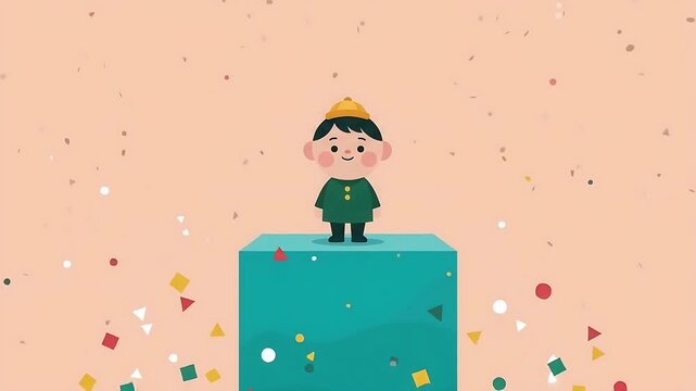 Cute Cartoon Boy Standing on Podium Celebrating Success with Falling Confetti Animation