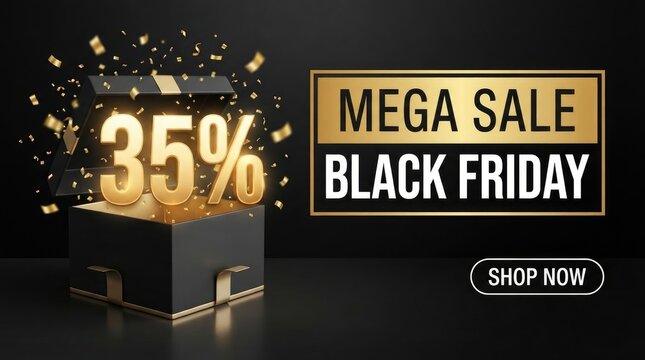 Black friday mega sale banner with a 35% discount offer, featuring a golden gift box with confetti on a black background and a shop now button black friday