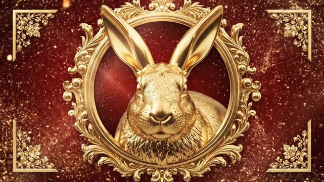 Golden rabbit in ornate frame on red sparkling background
