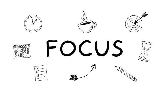 Focus concept with doodle icons, clock, coffee, target and checklist for productivity, concentration, time management and motivation, vector sketch illustration