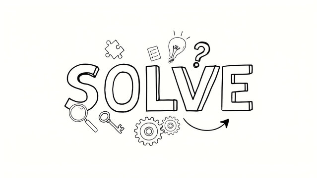 SOLVE word cloud with line art icons, modern black and white doodle design for problem solving and business concept