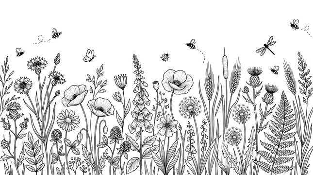 Black and white hand drawn wild flowers and meadow plants border with flying insects and bees in a sketch style art