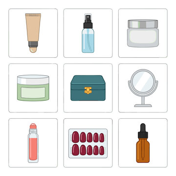 Pixel art collection of makeup and cosmetic items, including BB cream, setting spray, face cream, moisturizer, jewelry box, mirror, perfume roller, press-on nails, and serum dropper, perfect for