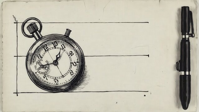 Vintage Stopwatch Sketch on Notebook Page with Pen &ndash; Time Measurement Illustration for Business and Creative Projects