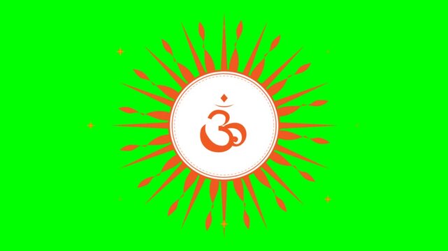 Hindu Om Symbol Animation Inside Orange Sunburst on Green Screen