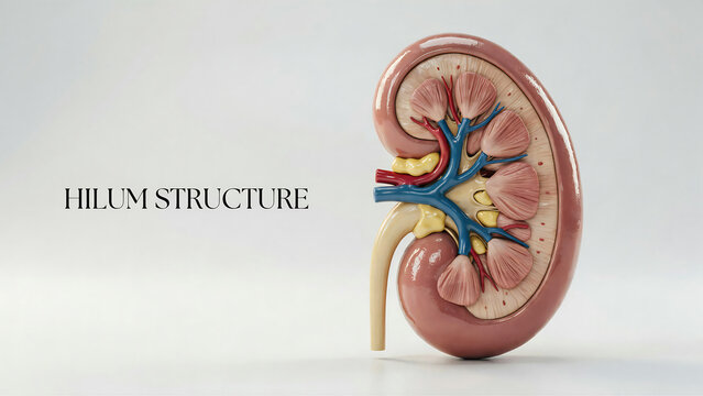 Medical illustration showing the internal anatomical structure of a human kidney hilum