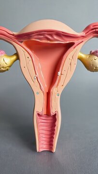 Detailed anatomical female reproductive system model showing uterus, fallopian tubes, and ovaries, cutaway view for medical education.