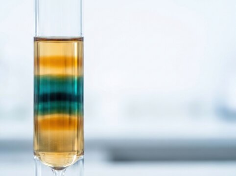Glass test tube demonstrating multi-colored density gradient liquid separation in laboratory