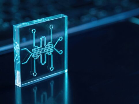 Blue illuminated glass microfluidic lab-on-a-chip with microscopic fluidic channels