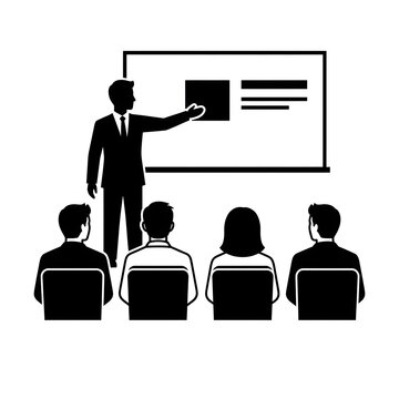 Professional business trainer explaining data on white board to seated audience in modern corporate seminar room