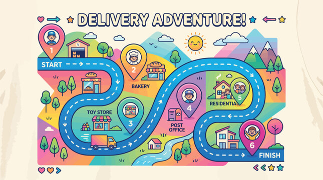 Colorful vector illustration showing a delivery adventure map with numbered stops for a logistics game design