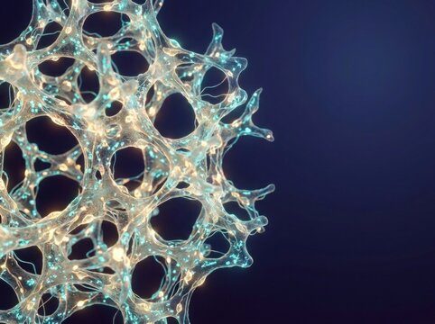 3D microscopic visualization of porous bioengineering scaffold glowing with cellular growth