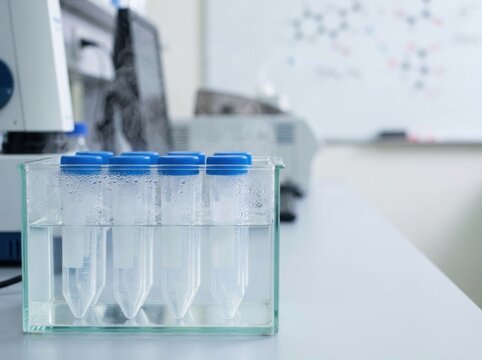 Glass test tubes filled with blue chemical reagent immersed in water bath rack