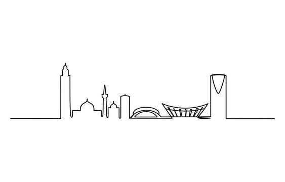 Continuous single line drawing of riyadh city skyline with famous modern landmarks and skyscrapers
