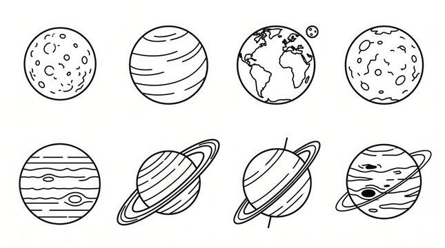 Vector icon of solar system planets line icons set including Earth, Saturn, Jupiter, Mars, and other celestial bodies