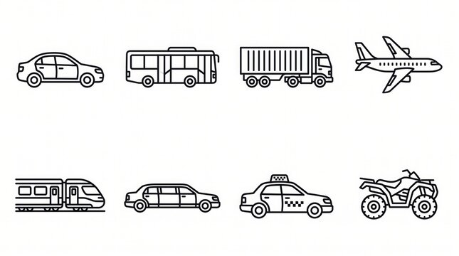 Vector icon of transportation and aviation vehicle line icons set including car, bus, truck, airplane, train, taxi, and ATV