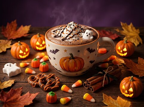 Cozy Halloween Hot Chocolate with Spooky Toppings, Candies, and Autumn Decor on Rustic Wooden Table