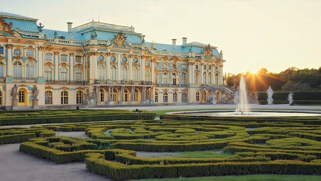 Ornate Baroque Palace with Formal Gardens and Fountain at Sunset &ndash; Stately Grandeur and Historical Architecture