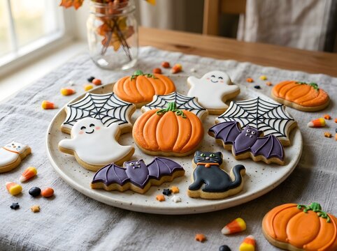 Delightful Halloween Sugar Cookies Featuring Whimsical Ghosts, Pumpkins, Bats, and a Playful Cat on a Rustic Table Setting