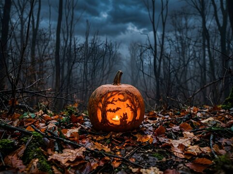 Eerie Glowing Jack O Lantern Bat Design Illuminated Amidst Mysterious Twilight Forest Floor Autumn Scene