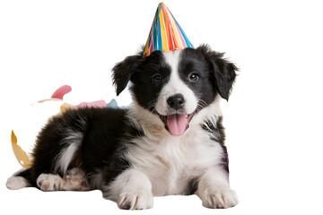 Fototapeta premium Happy border collie puppy wearing a colorful party hat isolated on transparent background