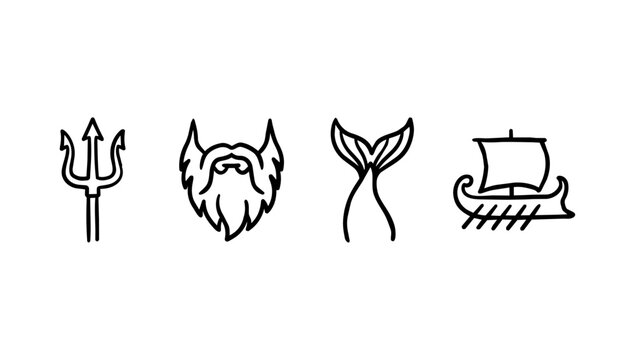 Continuous doodle line art elegantly featuring poseidon trident viking head fish tail and ship