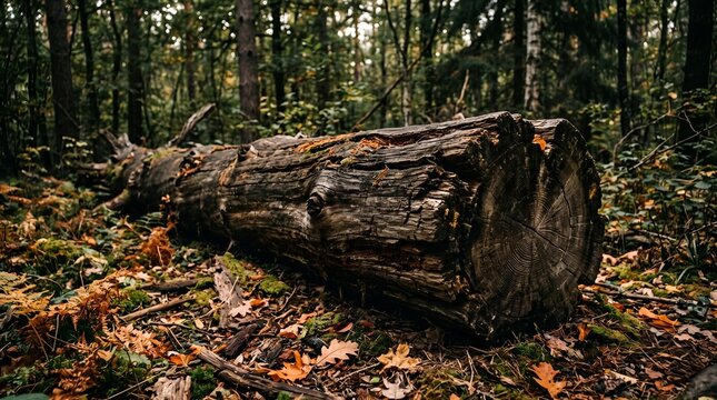 Fallen tree log in autumn forest. Weathered wood trunk with dry leaves on ground.
