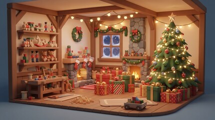 Fototapeta premium Cozy Christmas Workshop Diorama Featuring Decorated Pine Tree Glowing Fireplace and Holiday Gifts in Miniature Interior Scene