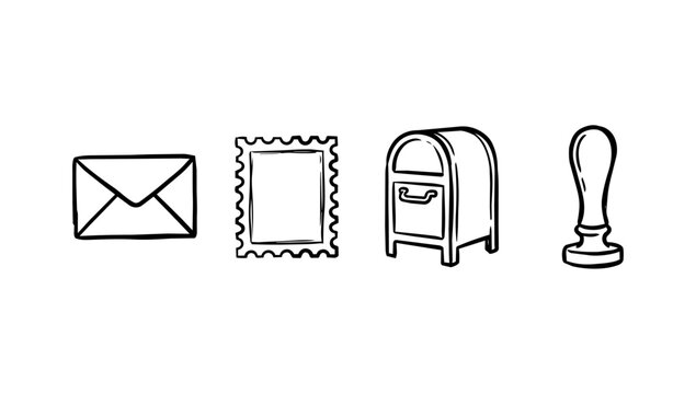 Simple doodle line art gracefully displaying mail envelope postage stamp mailbox and ink stamp