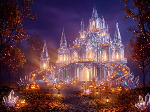 Enchanted Gothic Castle Illuminated by Glowing Jack-O'-Lanterns and Ethereal Fairy Lights in Autumn Twilight