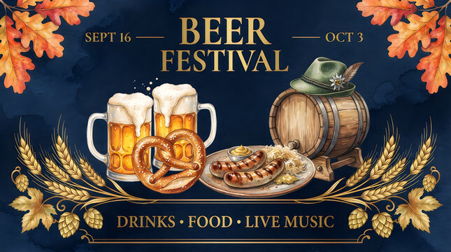 Beer festival poster with mugs of beer sausages pretzel and autumn leaves on a chalkboard background