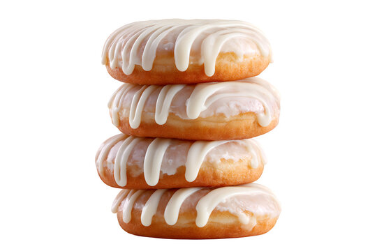 Stack of four vanilla glazed donuts with white icing isolated on transparent background