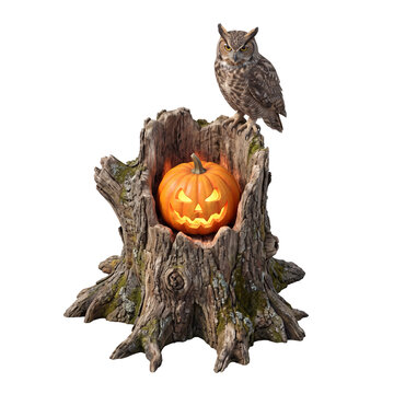 Great horned owl perched on a hollowed tree stump with a glowing pumpkin.