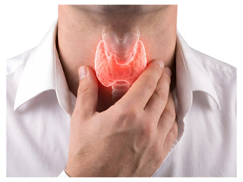 Close up man holding neck suffering from swollen glowing thyroid gland pain