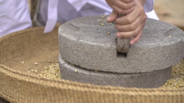 맷돌 노랑콩 콩 콩물 두부 두유 콩비지 한국 전통 손두부 촌두부 전통방식 대두 백태 돌맷돌 맷손 손 손길 작업 도구 농기구 민속품 채반 멍석 곡물 식재료 한식 전통문화