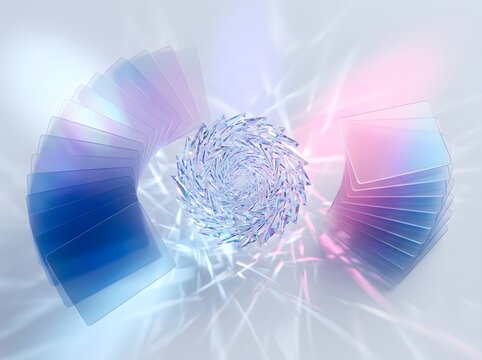 Ethereal Crystalline Vortex Swirling Between Translucent Geometric Cards in Futuristic Light Spectrum Glow