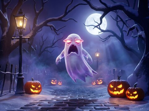 Ethereal Ghost Gliding Over Spooky Snowy Path Lit by Jack-O'-Lanterns Under a Haunting Crescent Moon and Flickering Lamps