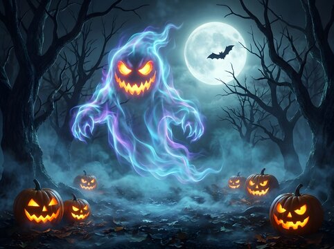 Ethereal Glowing Ghost Floating Over Spooky Forest Floor with Lit Jack-O'-Lanterns Under Mysterious Moonlight
