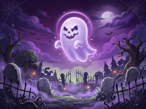 Ethereal Ghost with Skull Face Floating Over Mysterious Purple Graveyard Under Glowing Moonlit Sky with Bats and Tombstones
