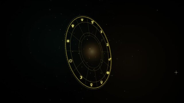 Glowing gold astrology wheel rotating in dark space