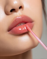 Naklejka premium East Asian woman applying glossy pink lip gloss with a wand applicator in a beauty close up, highlighting hydrated shiny lips for modern cosmetics, lip care and makeup product advertising