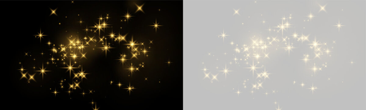 Golden sparkling light particles creating magical shining effects on dark background on transparent background