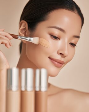 East Asian woman applying liquid foundation to her cheek with a makeup brush in a beauty studio, comparing multiple skin tone shades for seamless coverage, complexion matching and cosmetics